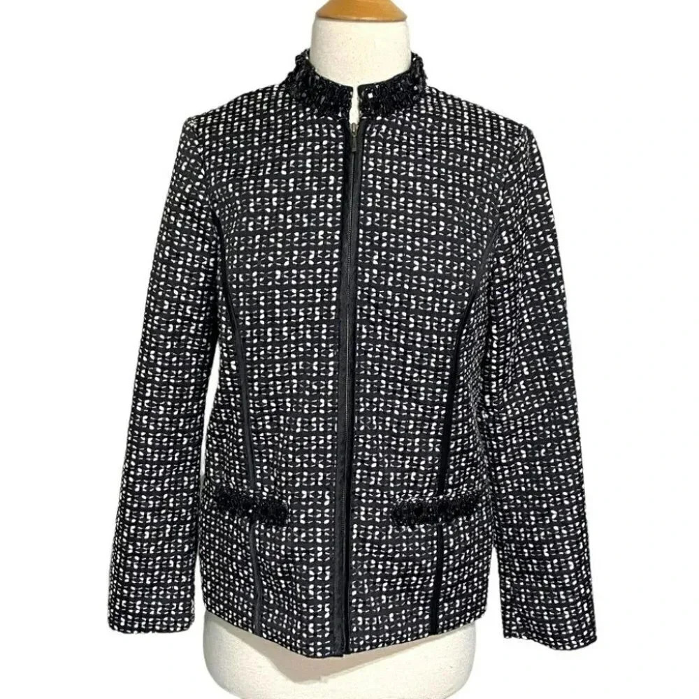 Chicos Jacket 0 Small Black White Beaded Mock Neck Full Zip Textured Tweed Style